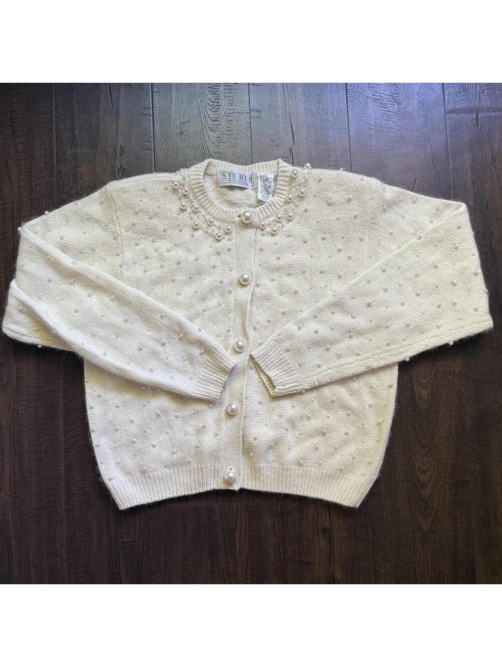 Vintage 80s Chic Angora Silk Cardigan Sweater Michelle Stuart Cream Pearl Luxe